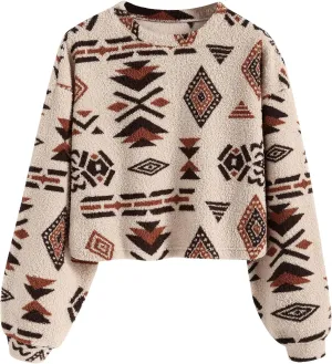 ZAFUL Women's Tribal Ethnic Graphic Cropped Knitwear Bohemian Long Sleeve Pullover Sweater Boho Drop Shoulder Knitted Top