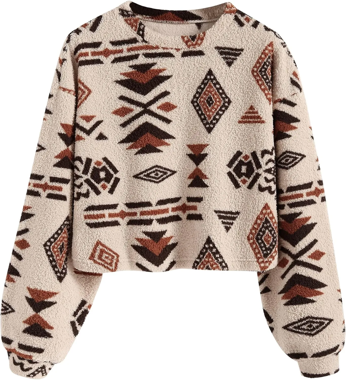 ZAFUL Women's Tribal Ethnic Graphic Cropped Knitwear Bohemian Long Sleeve Pullover Sweater Boho Drop Shoulder Knitted Top