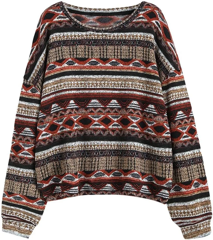 ZAFUL Women's Tribal Ethnic Graphic Cropped Knitwear Bohemian Long Sleeve Pullover Sweater Boho Drop Shoulder Knitted Top
