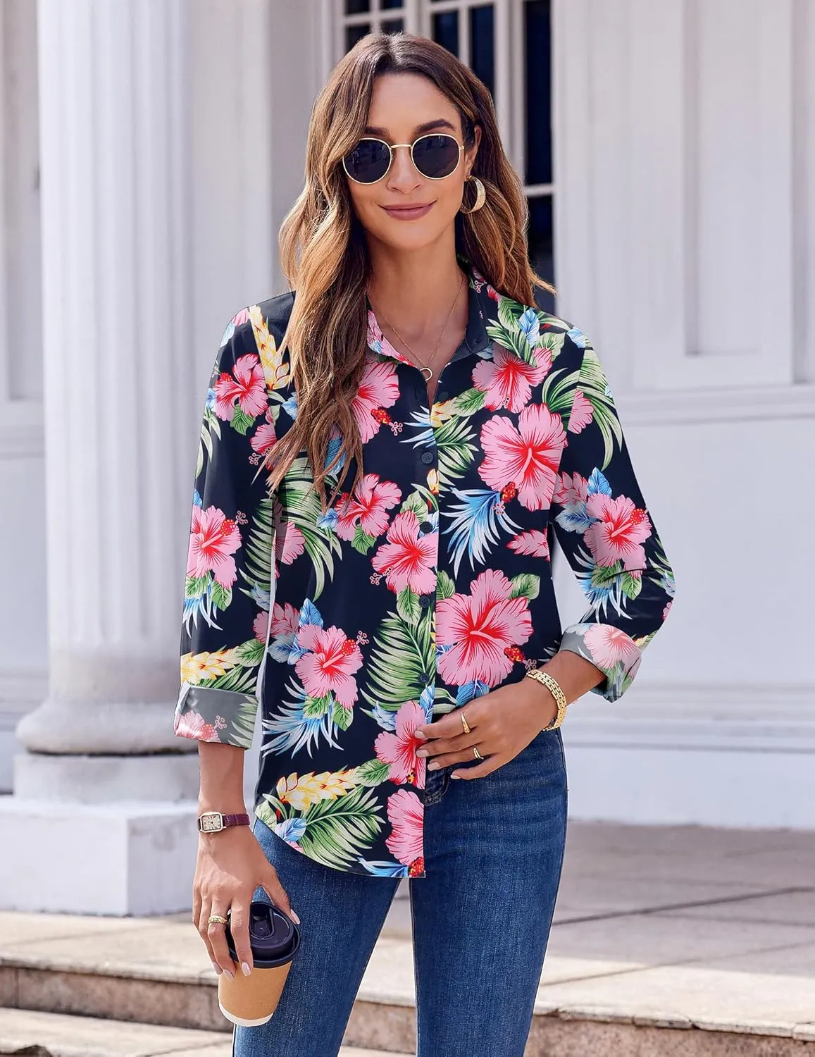 Zeagoo Button Down Shirts for Women Dressy Floral Printed Long Sleeve Blouse Business Casual Work Tops