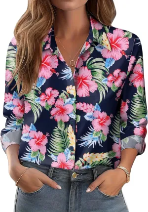 Zeagoo Button Down Shirts for Women Dressy Floral Printed Long Sleeve Blouse Business Casual Work Tops