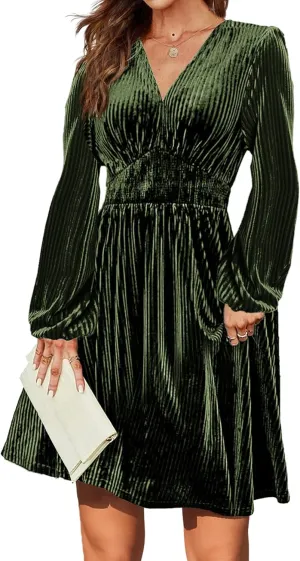 Zeagoo Womens Velvet Dress Sexy V-neck Long Sleeve Stretch Mini Party Cocktail Flared Dress