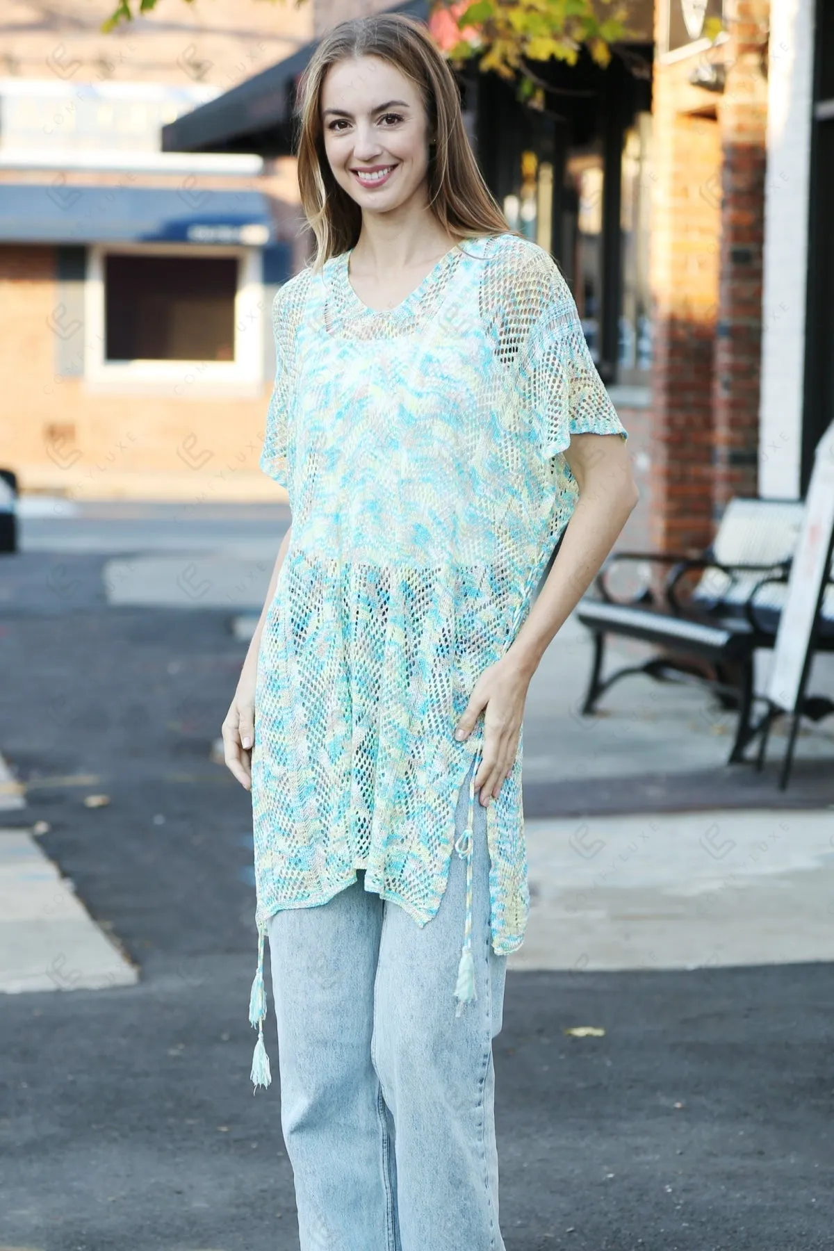 Zig-Zag Pattern Long Crocheted Cover-Up W/ Tasseled Tie-Knots