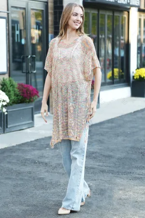 Zig-Zag Pattern Long Crocheted Cover-Up W/ Tasseled Tie-Knots