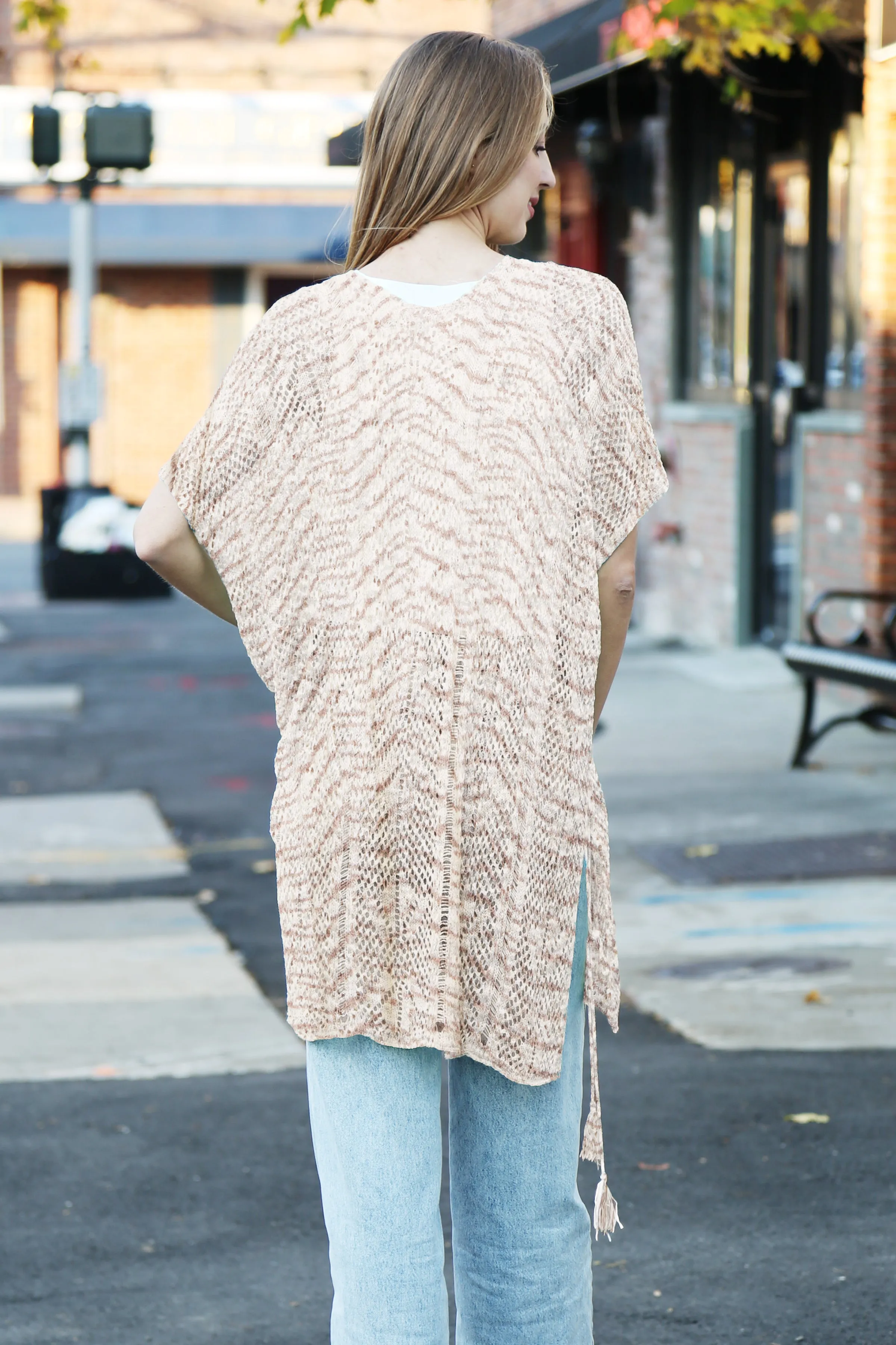 Zig-Zag Pattern Long Crocheted Cover-Up W/ Tasseled Tie-Knots