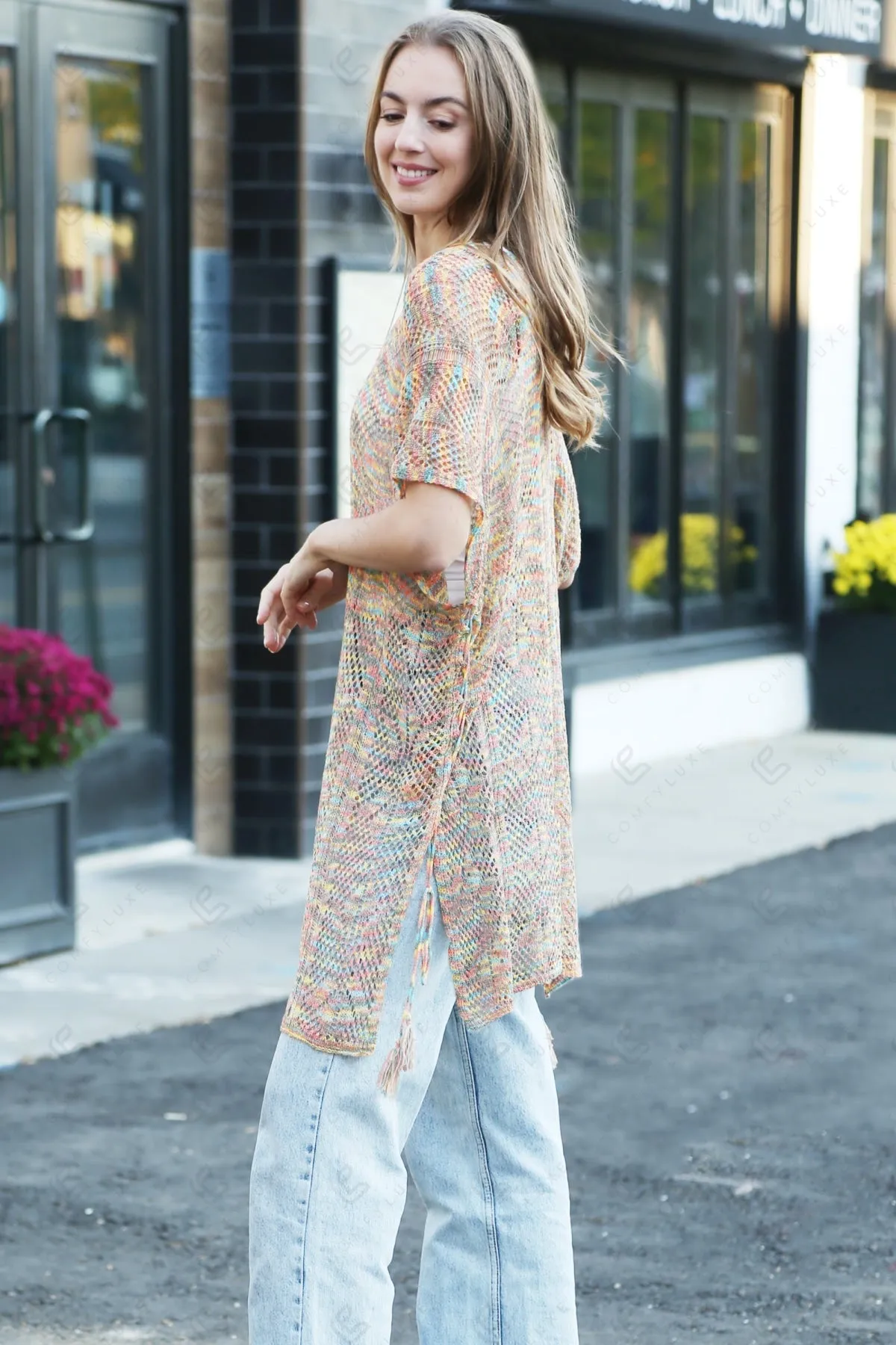 Zig-Zag Pattern Long Crocheted Cover-Up W/ Tasseled Tie-Knots