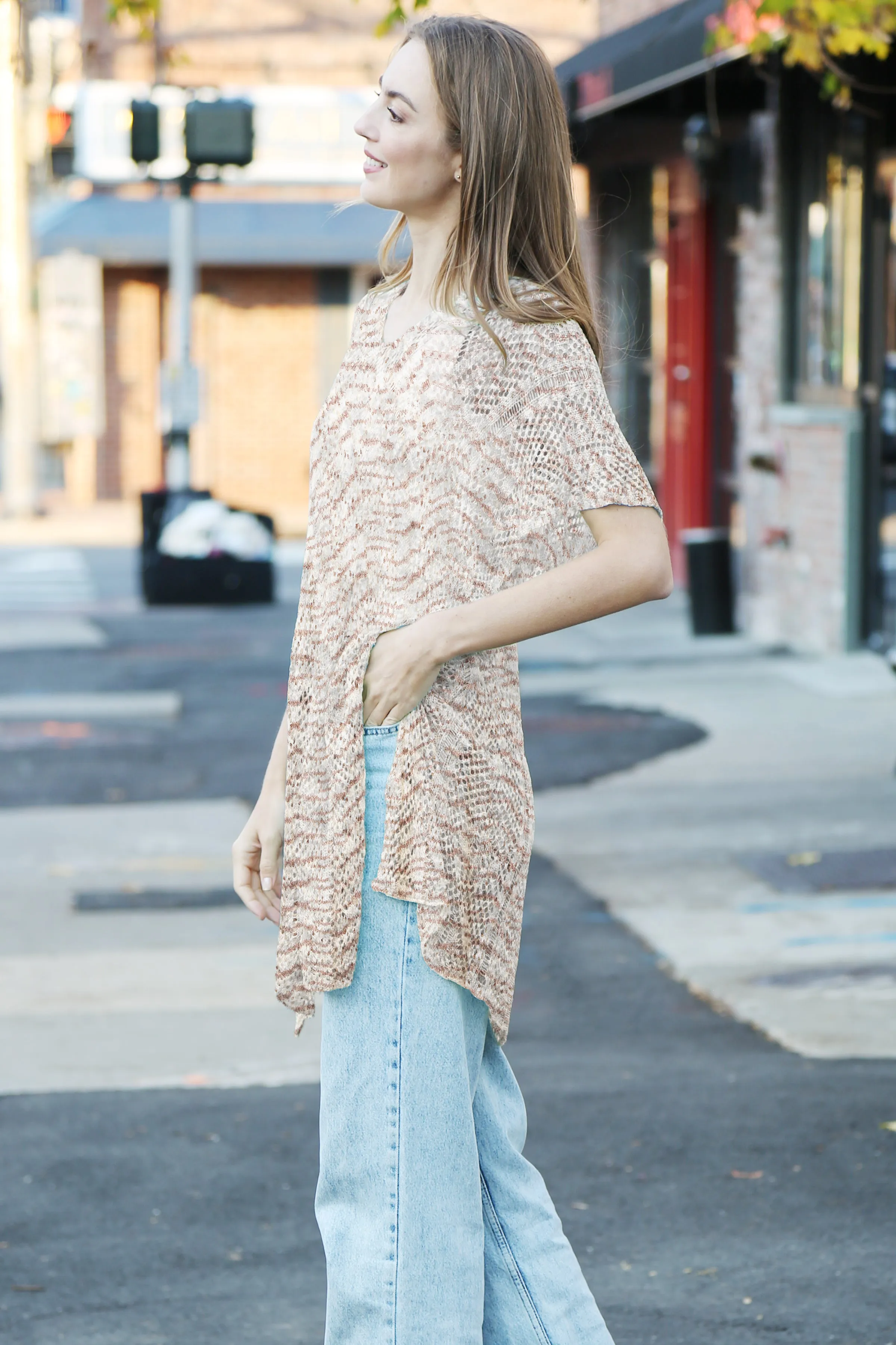 Zig-Zag Pattern Long Crocheted Cover-Up W/ Tasseled Tie-Knots