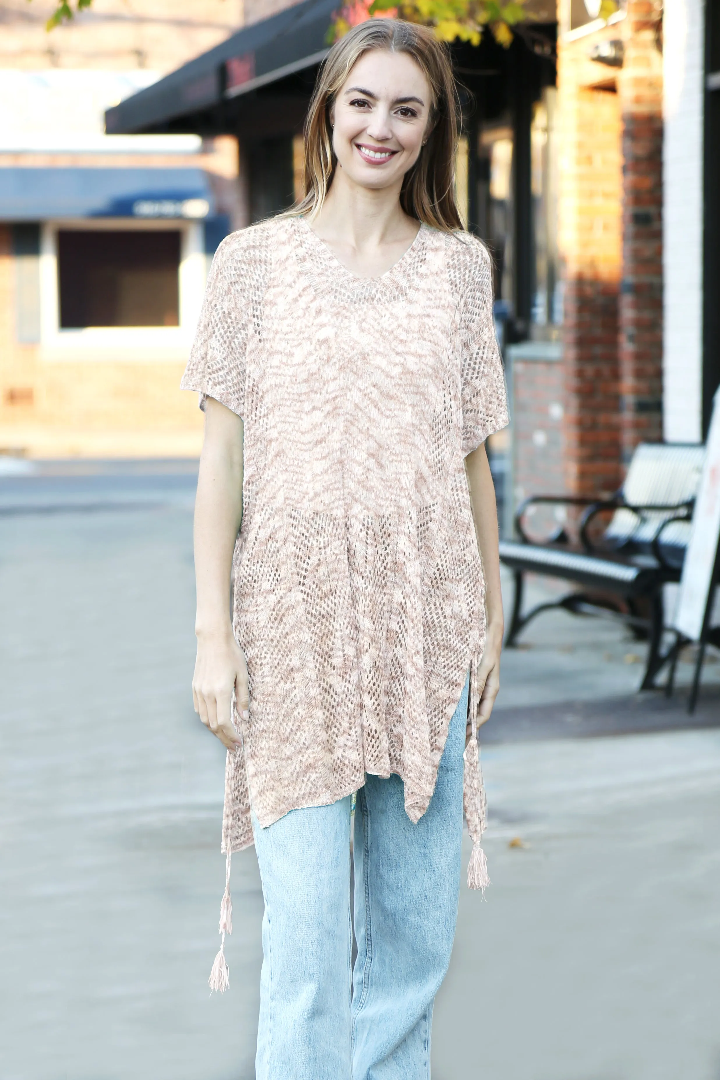 Zig-Zag Pattern Long Crocheted Cover-Up W/ Tasseled Tie-Knots