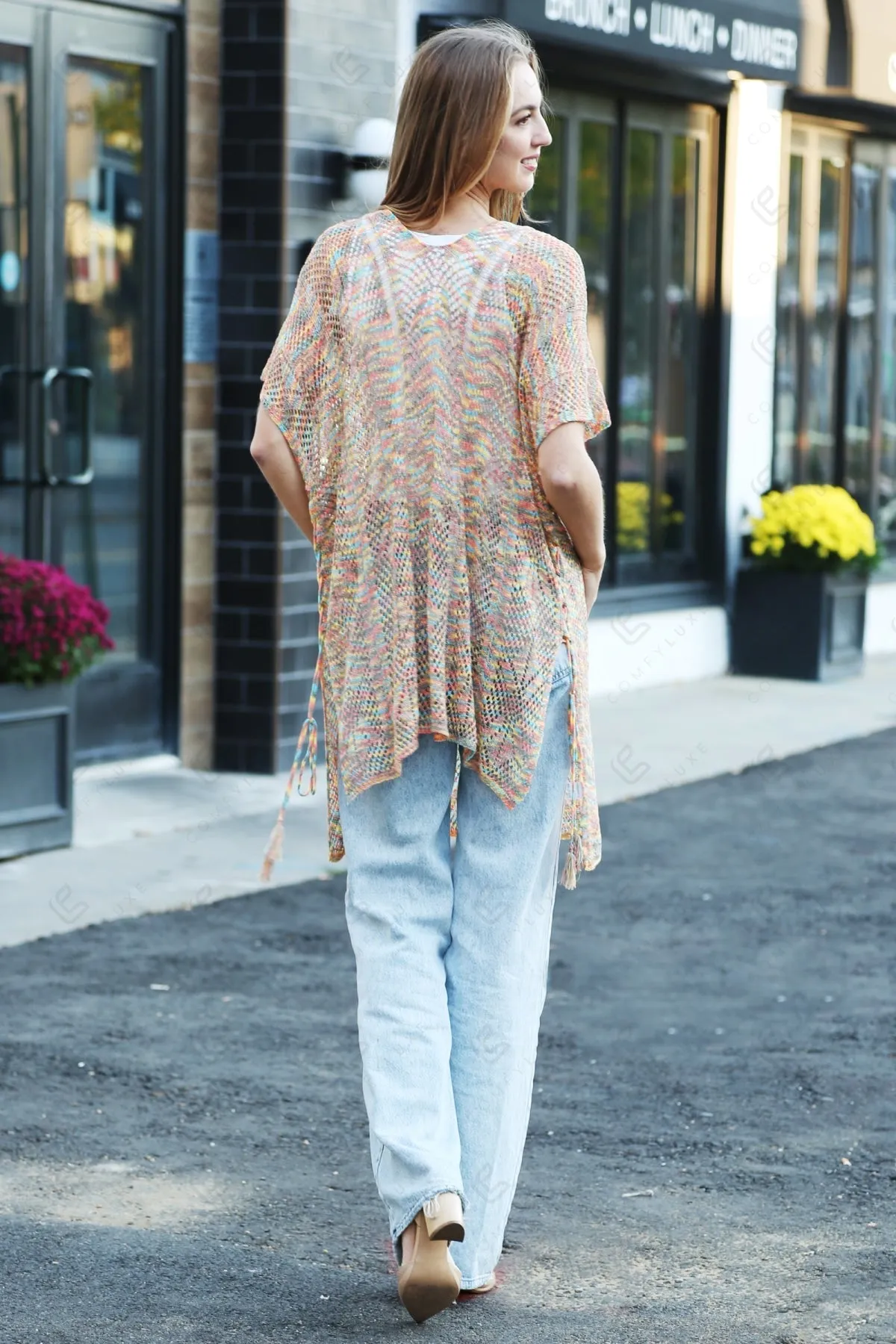 Zig-Zag Pattern Long Crocheted Cover-Up W/ Tasseled Tie-Knots