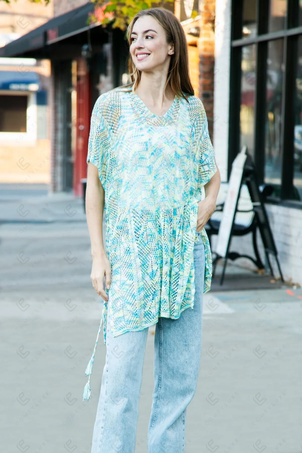 Zig-Zag Pattern Long Crocheted Cover-Up W/ Tasseled Tie-Knots