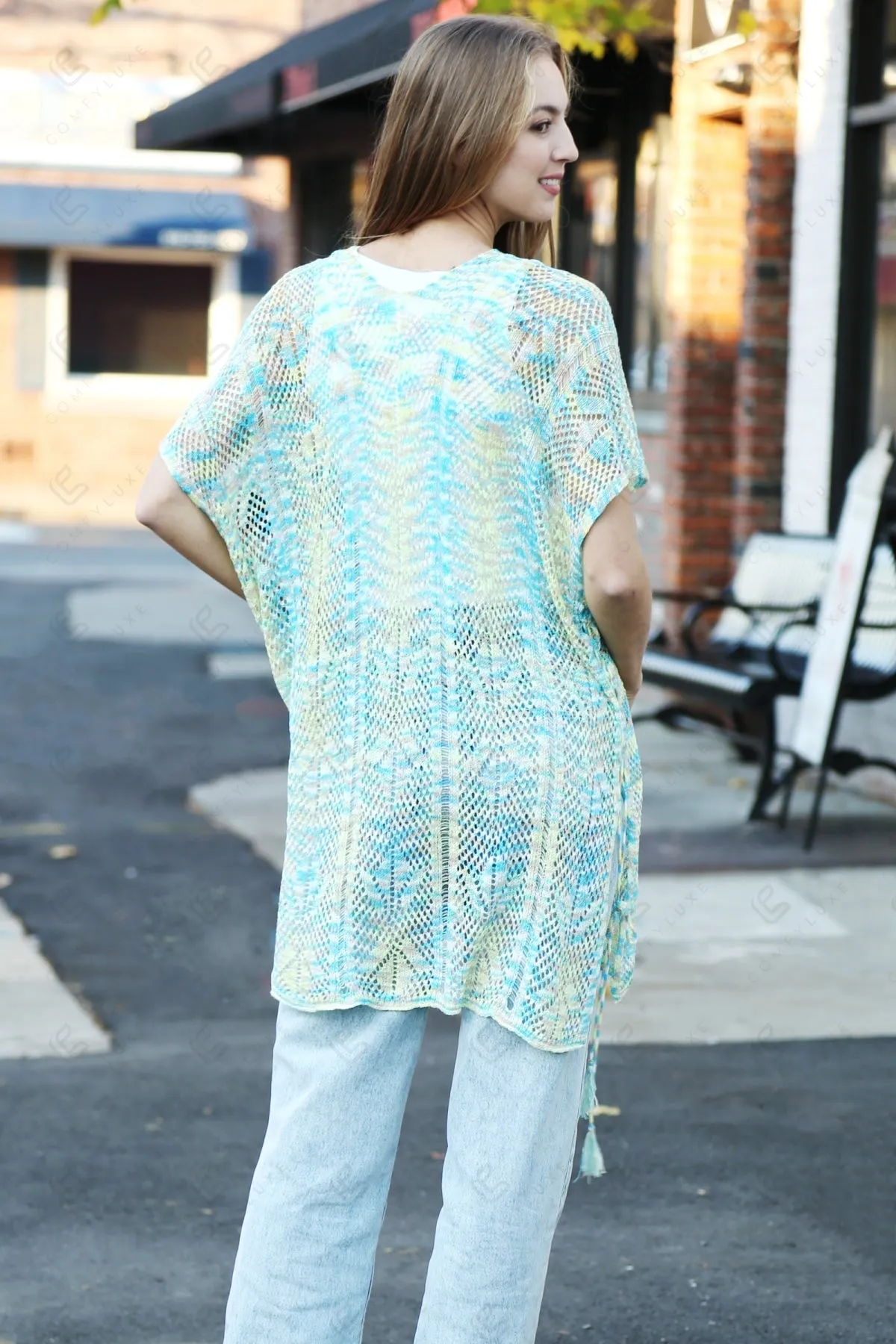 Zig-Zag Pattern Long Crocheted Cover-Up W/ Tasseled Tie-Knots