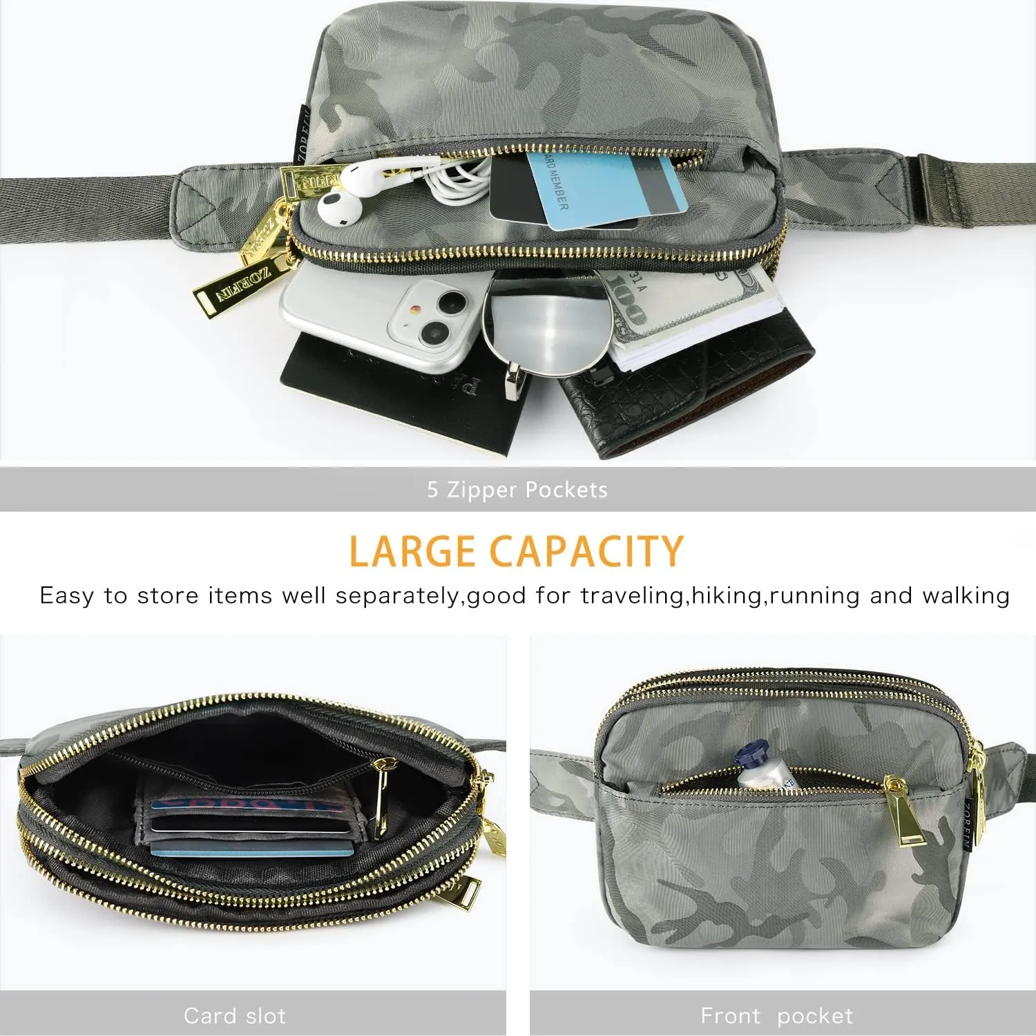 ZORFIN Fanny Packs for Women Men: Crossbody Belt Bag with Adjustable Strap - Fashion Waist Packs for Workout Running Traveling Hiking Camo Gray