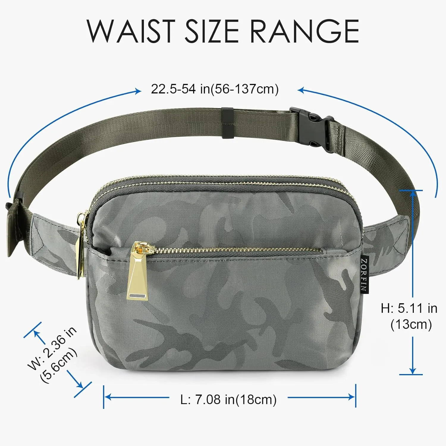 ZORFIN Fanny Packs for Women Men: Crossbody Belt Bag with Adjustable Strap - Fashion Waist Packs for Workout Running Traveling Hiking Camo Gray